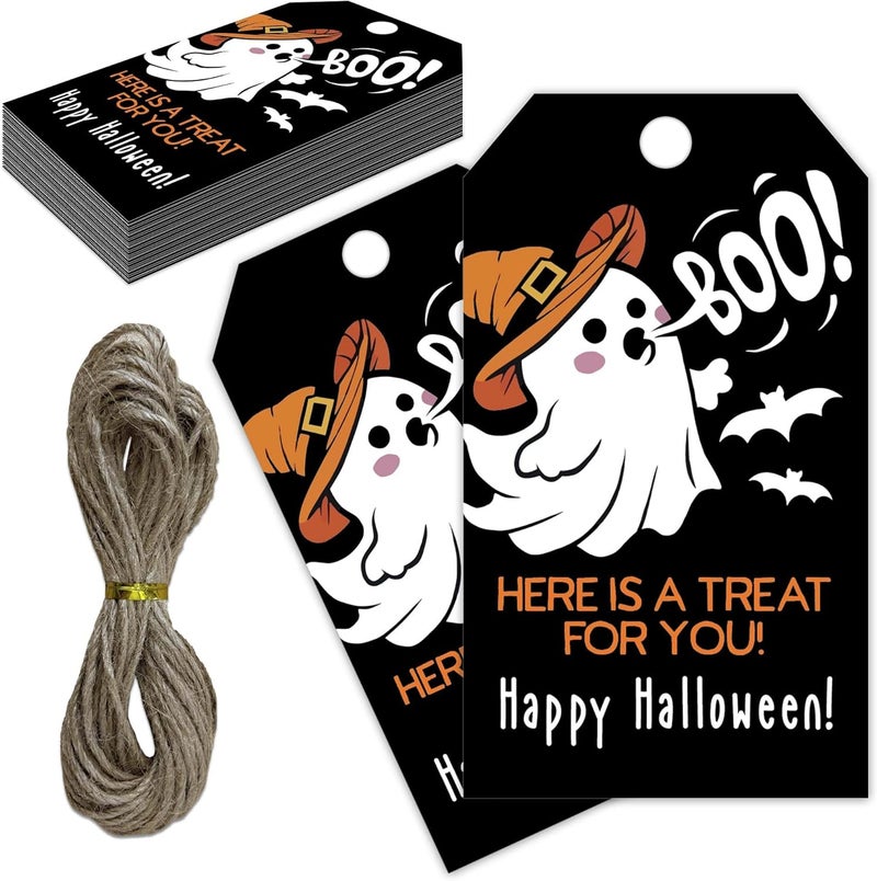 RPLCSPC Black Halloween Paper Gift Tags with String-50Pcs, Here is A Treat for You Happy Halloween Cute Ghost Boo Tags for Goodie Bags, 2 x 3.5 Inch Hanging Labels for Decor Party Supplies, Gift Wrapping-B08 - Image 1